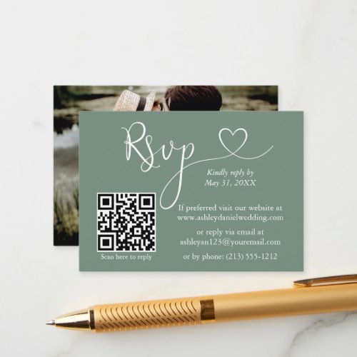 Calligraphy Heart Photo Wedding Sage Green QR RSVP Enclosure Card
