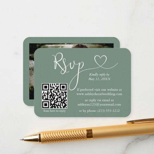 Calligraphy Heart Photo Wedding Sage Green RSVP QR Enclosure Card