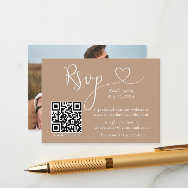 Calligraphy Heart Photo Wedding Taupe QR RSVP Enclosure Card (Front/Back In Situ)