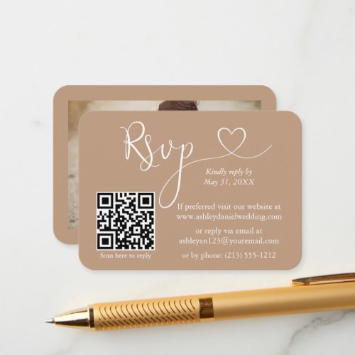 Calligraphy Heart Photo Wedding Taupe RSVP QR Enclosure Card