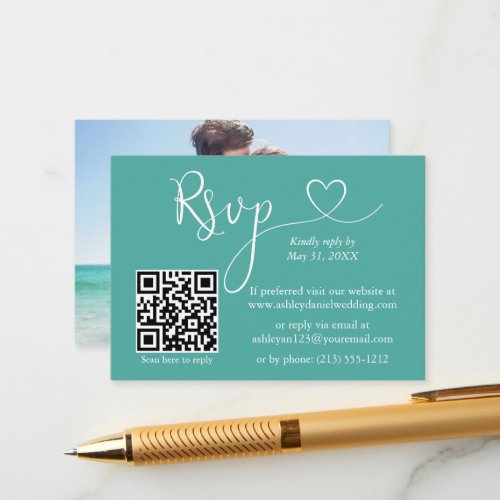 Calligraphy Heart Photo Wedding Teal QR RSVP Enclosure Card