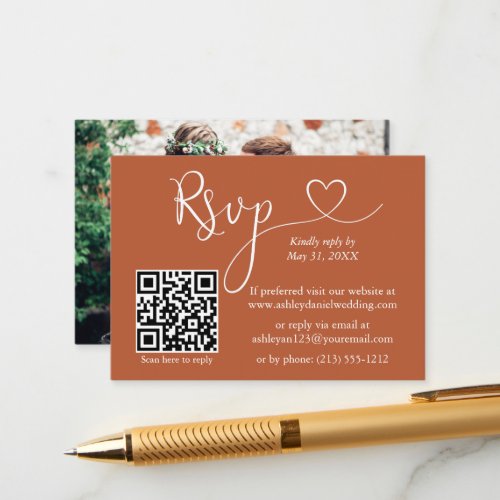 Calligraphy Heart Photo Wedding Terracotta QR RSVP Enclosure Card