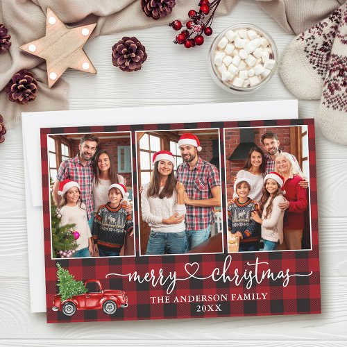 Calligraphy Heart Plaid 3 Photo Christmas Truck Holiday Card