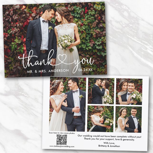 Calligraphy Heart QR Code 6 Photo Wedding Thank You Card (Add your wedding website link to the QR Code so guests can scan & view more of your photos online.)