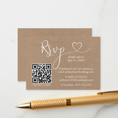 Calligraphy Heart QR Kraft Wedding RSVP Enclosure Card