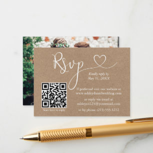 Calligraphy Heart QR Photo Kraft Wedding RSVP Enclosure Card