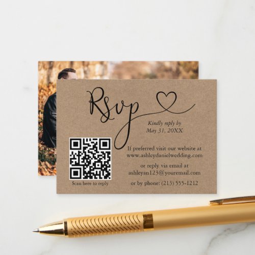 Calligraphy Heart QR Photo Wedding Kraft RSVP Enclosure Card