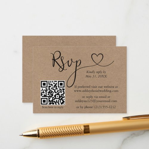 Calligraphy Heart QR Wedding Kraft RSVP Enclosure Card