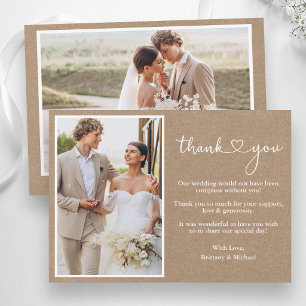 Calligraphy Heart Rustic Kraft Wedding 2 Photo Thank You Card