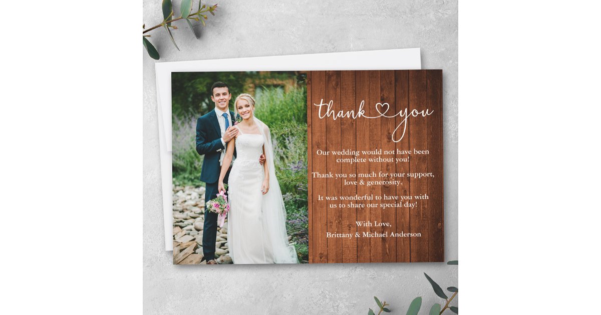 Calligraphy Heart Rustic Wood Wedding Photo Thank You Card | Zazzle