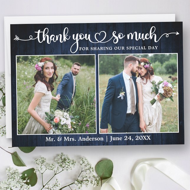 Calligraphy Heart Script Blue Wood 2 Photo Wedding Thank You Card (Customize to change your personalized text size or text style.)