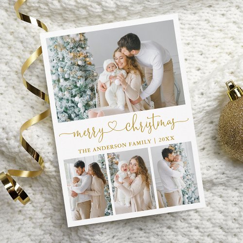Calligraphy Heart Script Christmas 4 Photo Gold Holiday Card