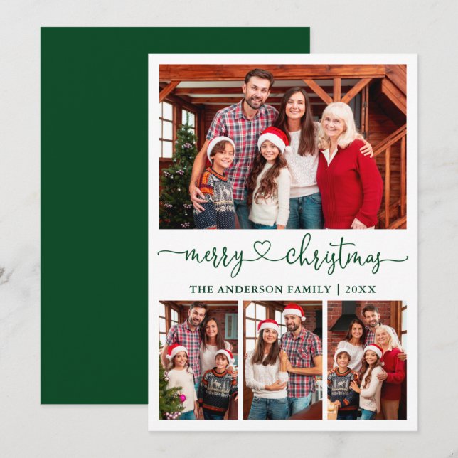 Calligraphy Heart Script Christmas 4 Photo Green Holiday Card (Front/Back)