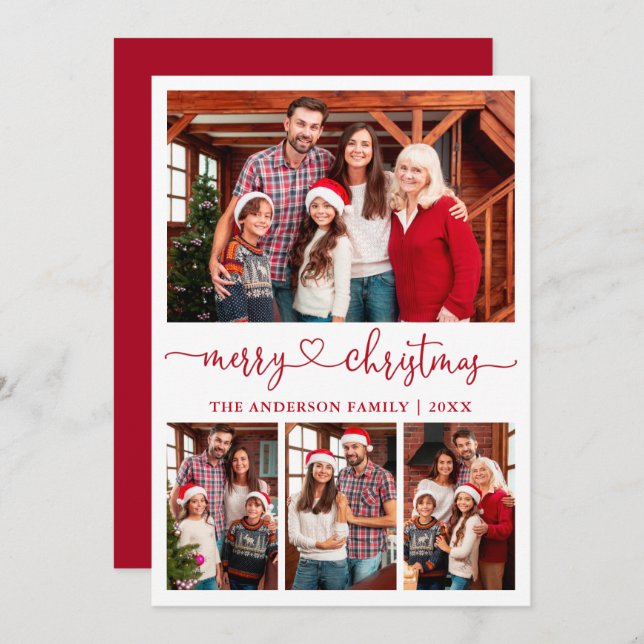 Calligraphy Heart Script Christmas 4 Photo Red Holiday Card (Front/Back)