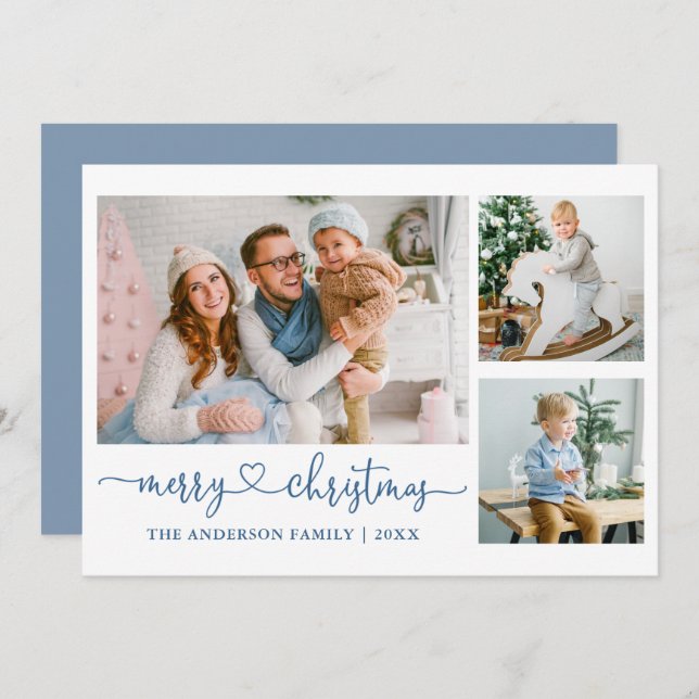 Calligraphy Heart Script Christmas Blue 3 Photo Holiday Card (Front/Back)