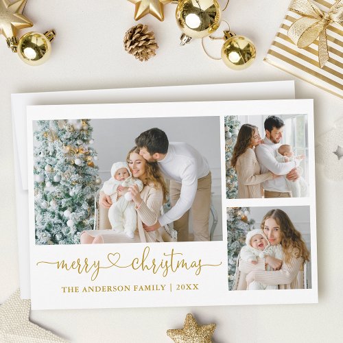 Calligraphy Heart Script Christmas Gold 3 Photo Holiday Card