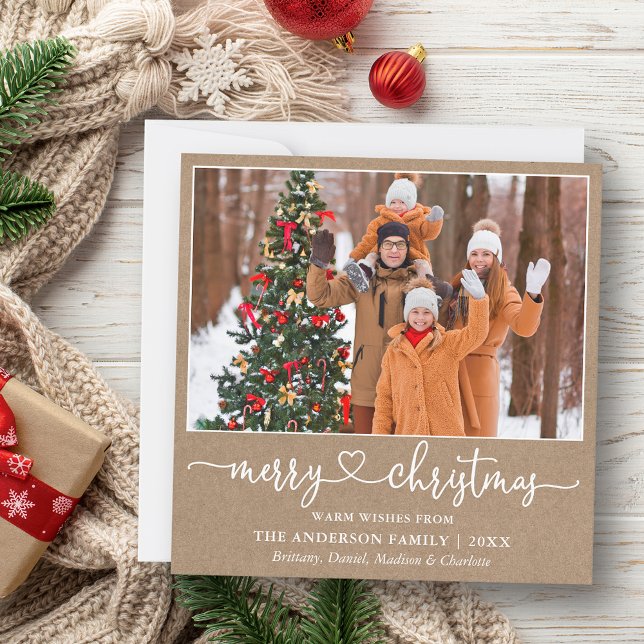Calligraphy Heart Script Christmas Kraft Square Holiday Card (Customize to add text to back of card.)