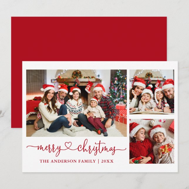 Calligraphy Heart Script Christmas Red 3 Photo Holiday Card (Front/Back)
