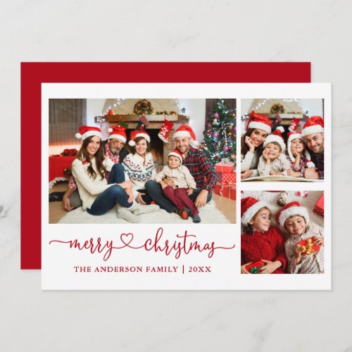 Calligraphy Heart Script Christmas Red 3 Photo Holiday Card