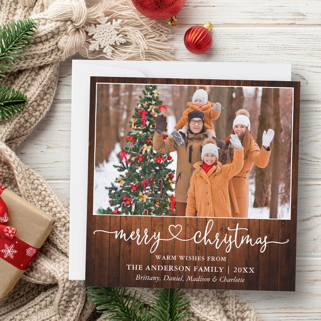 Calligraphy Heart Script Christmas Wood Square Holiday Card (Customize to add text to back of card.)