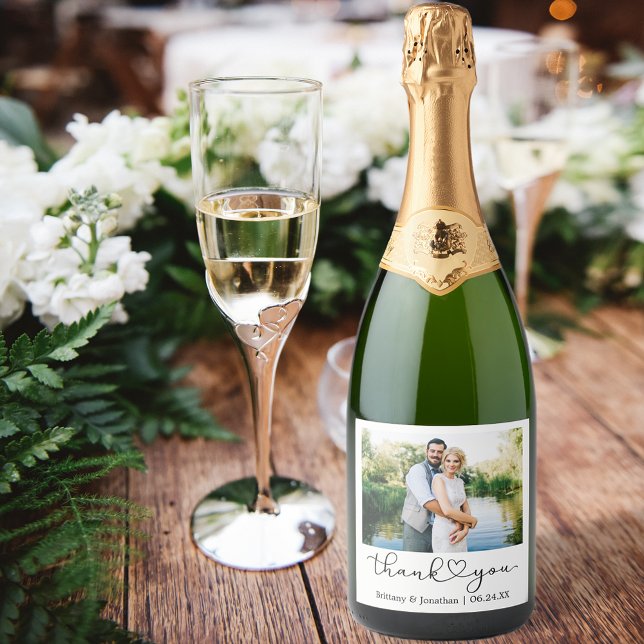 Calligraphy Heart Script Couple Photo Wedding Sparkling Wine Label (Customize to change your personalized text size or text style.)