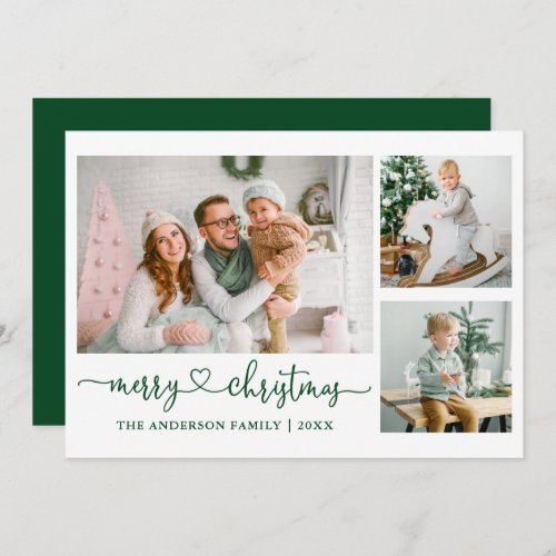 Calligraphy Heart Script Green Christmas 3 Photo Holiday Card