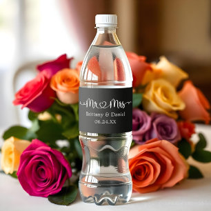 Calligraphy Heart Script Mr. and Mrs. Wedding Water Bottle Label