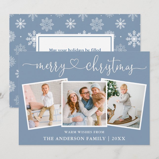 Calligraphy Heart Snowflakes Dusty Blue 3 Photo Holiday Card (Front/Back)