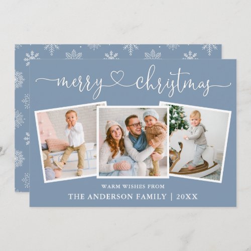 Calligraphy Heart Snowflakes Dusty Blue 3 Photo Holiday Card