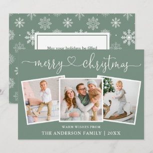 Calligraphy Heart Snowflakes Sage Green 3 Photo Holiday Card