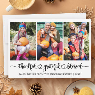 Calligraphy Heart Thankful Grateful 3 Photo Holiday Card