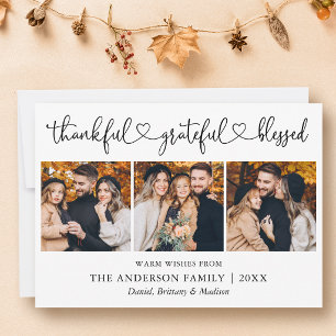 Calligraphy Heart Thankful Grateful 3 Photos Holiday Card