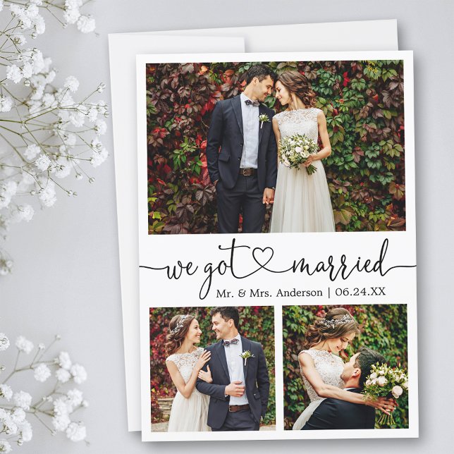Calligraphy Heart We Got Married 3 Photos Wedding Announcement (Customize to add text or more photos to back of card.)