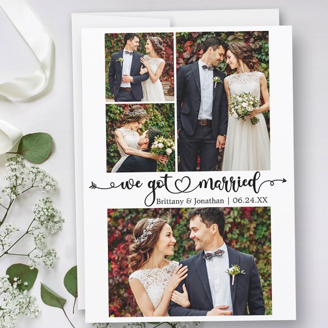 Calligraphy Heart We Got Married 4 Photo Wedding Announcement (Customize to change your personalized text size, text style or to add text to back of card.)