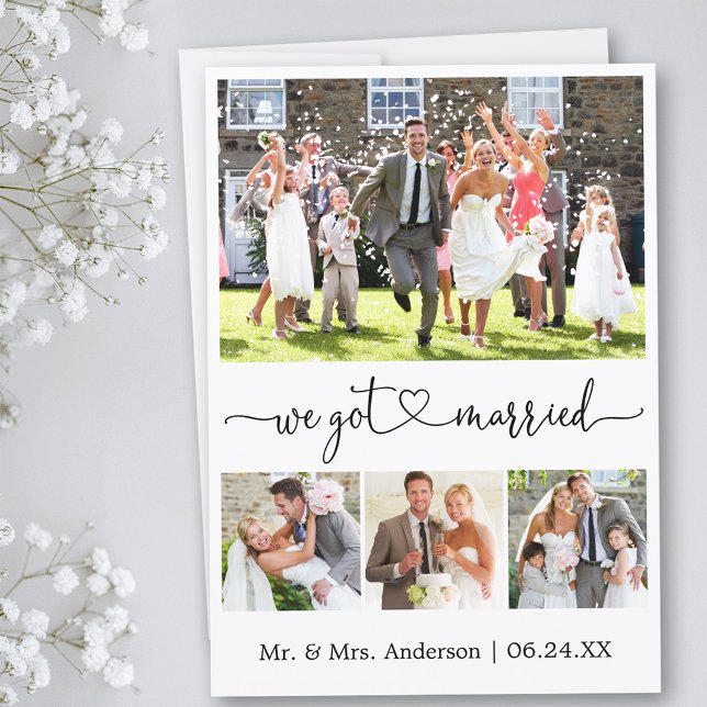 Calligraphy Heart We Got Married 4 Photo Wedding Announcement (Customize to add text or more photos to back of card.)