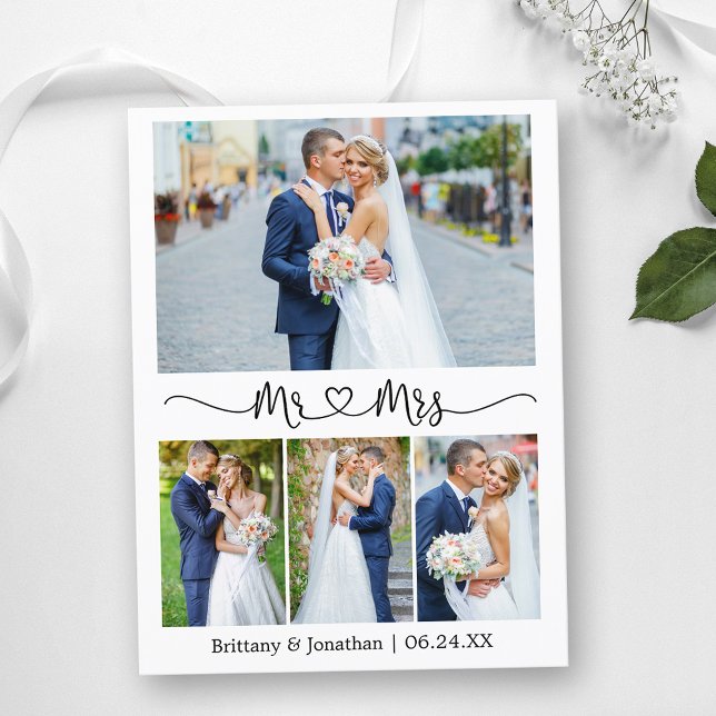 Calligraphy Heart Wedding 4 Photo Thank You Postcard (Customize to change your personalized text size or text style.)