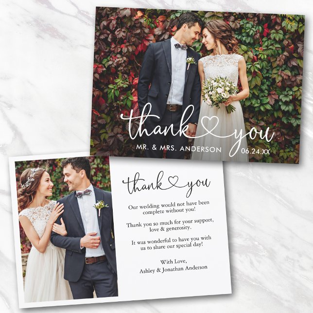 Calligraphy Heart Wedding Bride Groom 2 Photo Thank You Card (Customize to change your personalized text size or text style.)