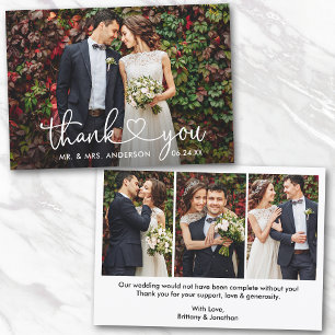 Calligraphy Heart Wedding Bride Groom 4 Photo Thank You Card