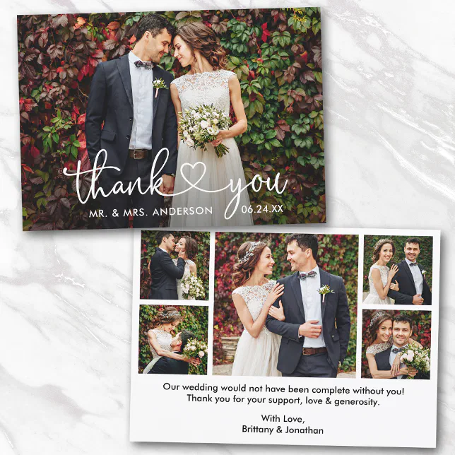 Calligraphy Heart Wedding Bride Groom 6 Photo Thank You Card | Zazzle