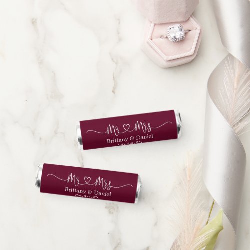 Calligraphy Heart Wedding Mr and Mrs Burgundy Breath Savers Mints