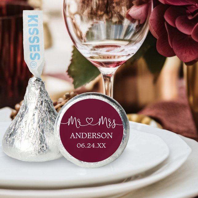 Calligraphy Heart Wedding Mr. and Mrs. Burgundy Hershey®'s Kisses® (Customize to change background color.)
