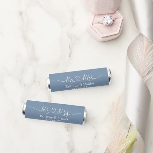 Calligraphy Heart Wedding Mr and Mrs Dusty Blue Breath Savers Mints