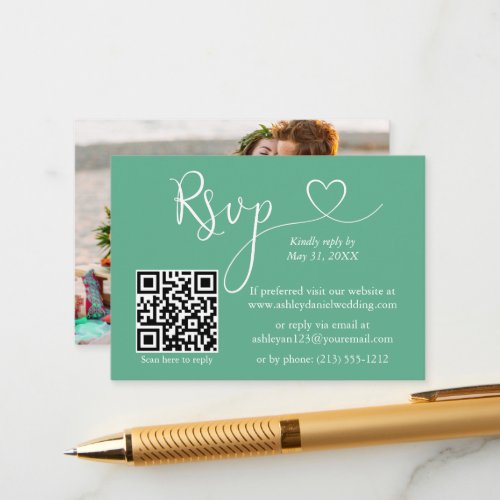 Calligraphy Heart Wedding Neo Mint Green QR RSVP Enclosure Card