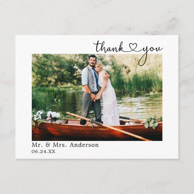 Calligraphy Heart Wedding Photo Thank You  Postcard (Front)