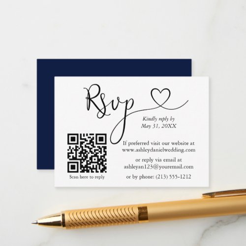 Calligraphy Heart Wedding QR Blue RSVP Enclosure Card