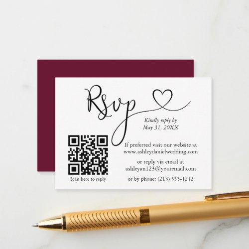 Calligraphy Heart Wedding QR Burgundy RSVP  Enclosure Card