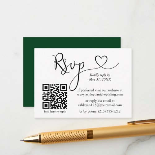 Calligraphy Heart Wedding QR Green RSVP Enclosure Card