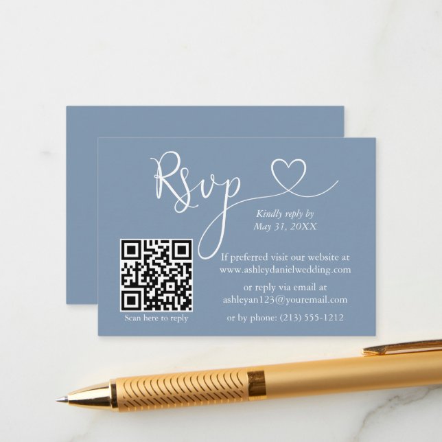 Calligraphy Heart Wedding QR RSVP Dusty Blue Enclosure Card (Front/Back In Situ)