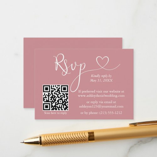 Calligraphy Heart Wedding QR RSVP Dusty Rose Enclosure Card