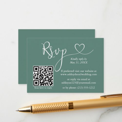 Calligraphy Heart Wedding QR RSVP Eucalyptus Green Enclosure Card